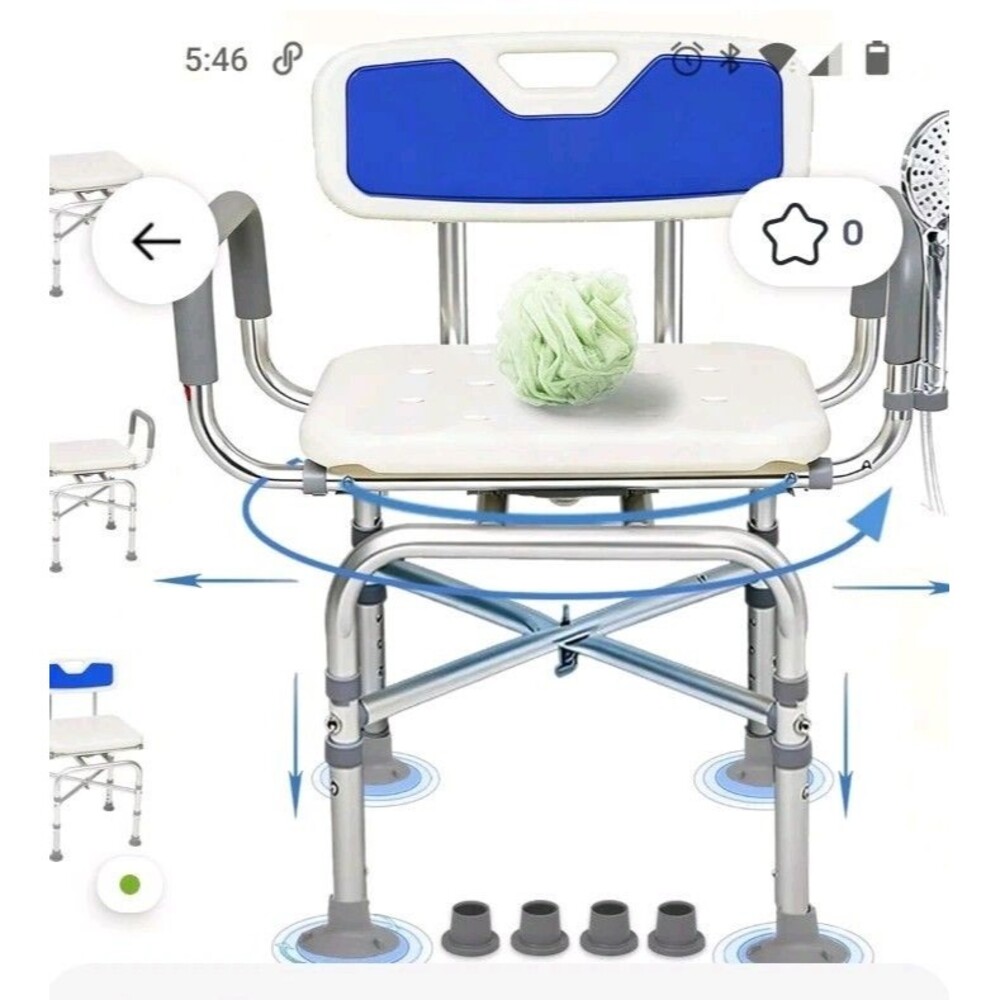 Adjustable 360° Heavy Duty Swivel Shower Chair w Padded Back & Arms 550 Lb...